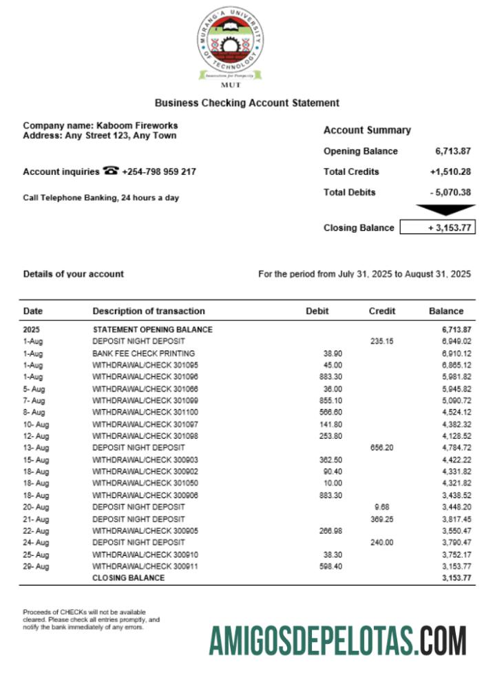 Universidade de Tecnologia de Muranga, organização empresarial, verificação de declaração em formato Word e PDF, exemplo real